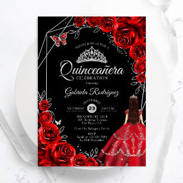 Invitación Quinceanera Red Silver Butterfly Dress Floral