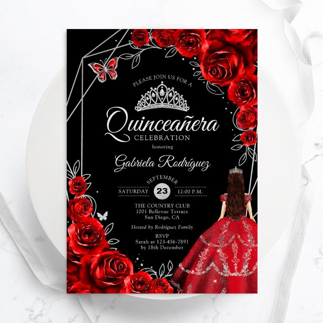 Invitación Quinceanera Red Silver Butterfly Dress Floral (Subido por el creador)