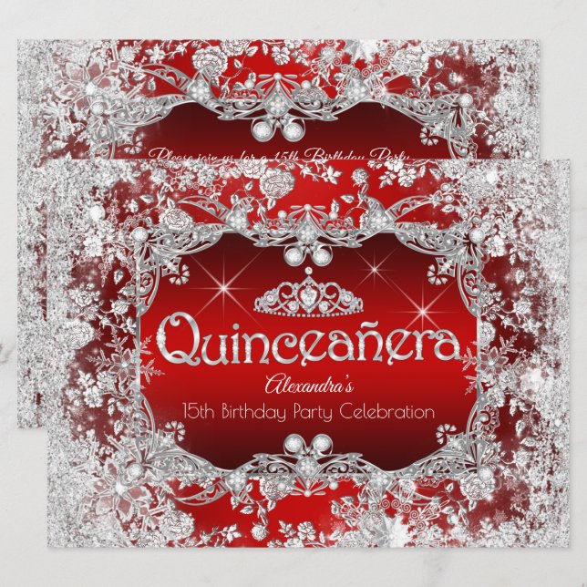 Invitación Quinceanera Red Silver Tiara Winter Wonderland (Anverso / Reverso)