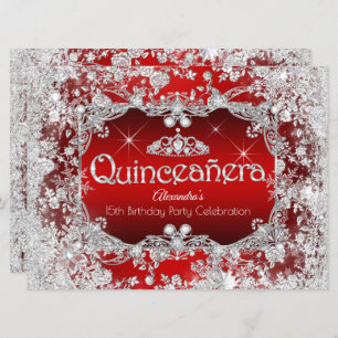 Invitación Quinceanera Red Silver Tiara Winter Wonderland