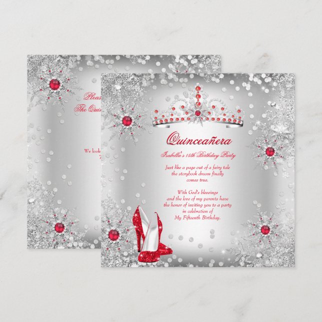 Invitación Quinceanera Red Silver Winter Wonderland (Anverso / Reverso)