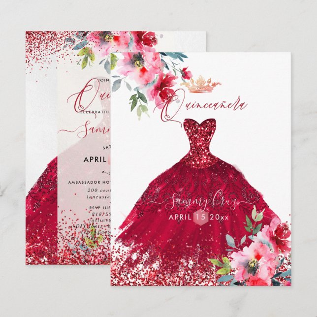 Invitación Quinceanera Red Sparkle Gown acuarela (Anverso / Reverso)