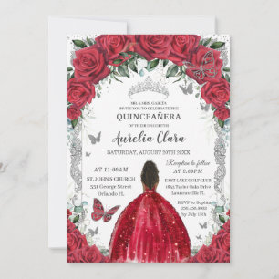 Invitación Quinceañera Red Vress Rosas Floral Vintage Silver
