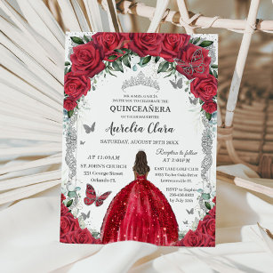 Invitación Quinceañera Red Vress Rosas Floral Vintage Silver