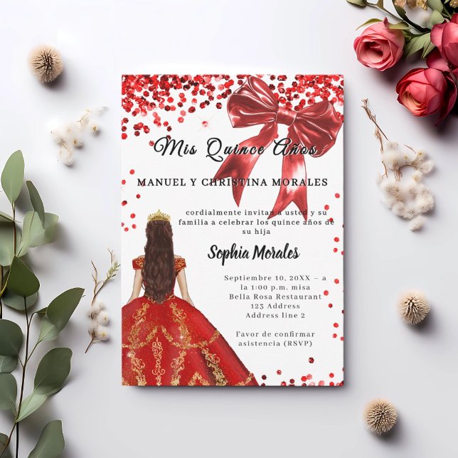 Invitación Quinceanera red white dress bow (Subido por el creador)