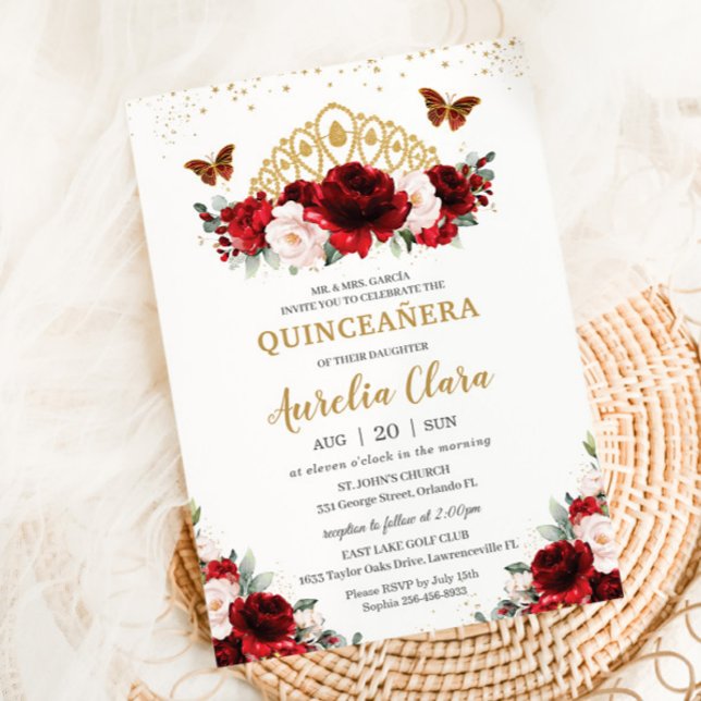Invitación Quinceañera Red y Rubor Floral Butterflies Tiara (Subido por el creador)