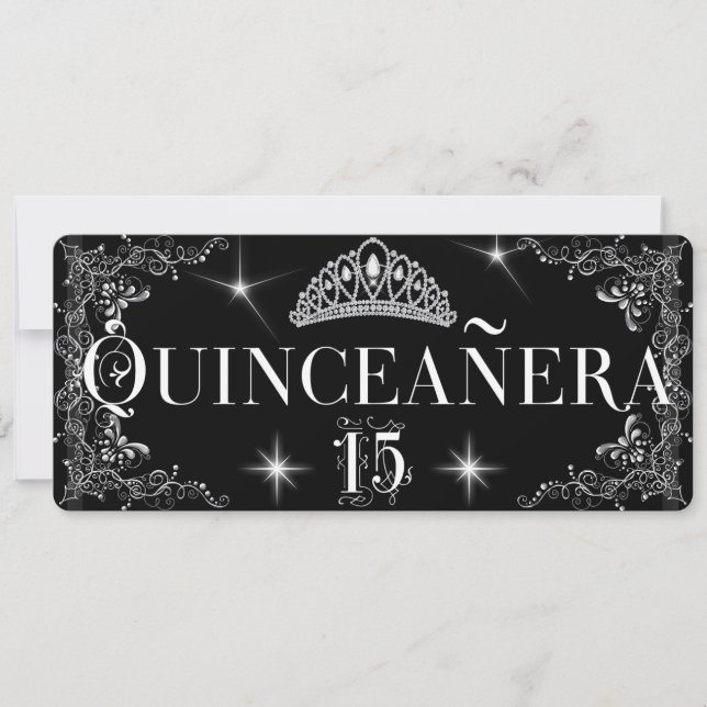 Invitación Quinceanera Regal Black Silver Tiara (Anverso)