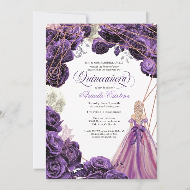 Invitación Quinceañera Regal Royal Purple & Rosa Gold & Gown (Anverso)