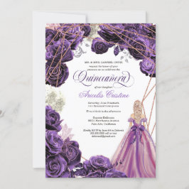 Invitación Quinceañera Regal Royal Purple & Rosa Gold & Gown