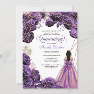 Invitación Quinceañera Regal Royal Purple & Rosa Gold & Gown 