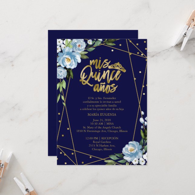 Invitación Quinceanera Relieve metalizado dorado a (Anverso/Reverso In Situ)