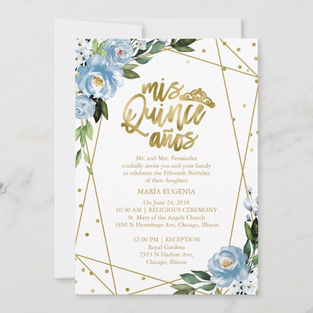 Invitación Quinceanera Relieve metalizado dorado a (Anverso)