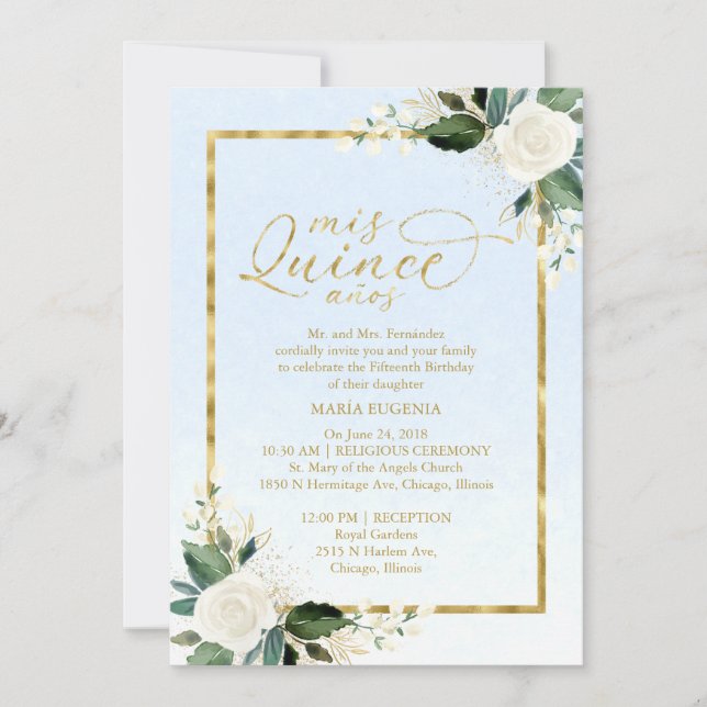 Invitación Quinceanera Relieve metalizado dorado a (Anverso)
