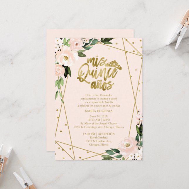 Invitación Quinceanera Relieve metalizado dorado d (Anverso/Reverso In Situ)