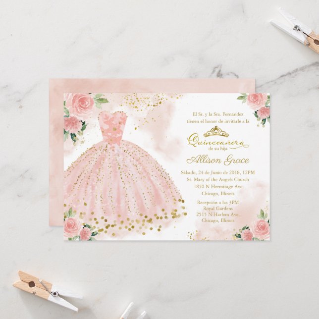 Invitación Quinceanera Relieve metalizado dorado d (Anverso/Reverso In Situ)