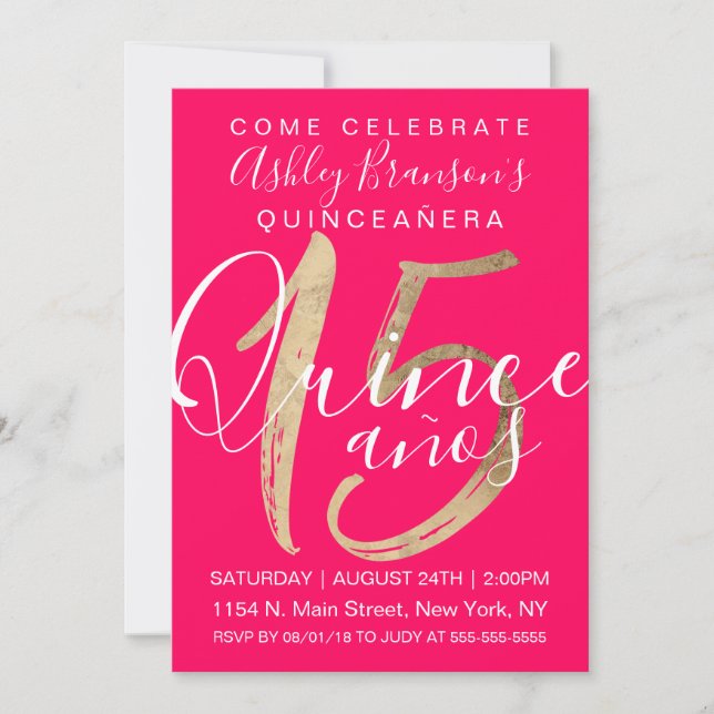 Invitación Quinceañera, Relieve metalizado dorado rosa de neó (Anverso)