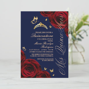 Invitación Quinceañera Roja Corona Azul Oro