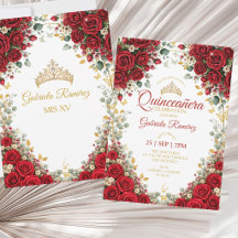 Quinceañera Roja Corona Dorada Mariposas Rosas