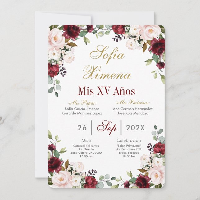 Invitación Quinceanera roja de Borgoña (Anverso)