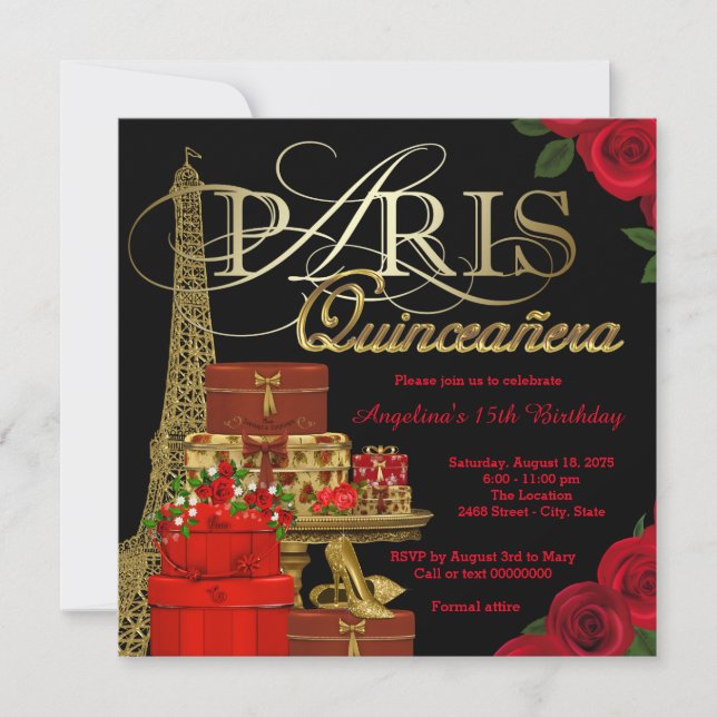 Invitación Quinceañera Roja de París (Anverso)