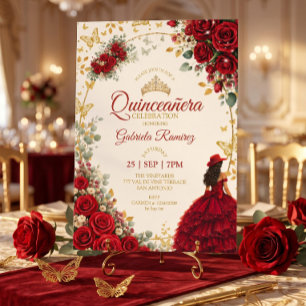 Invitación Quinceañera Roja Mariposas Doradas Rosas