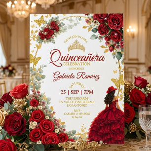 Invitación Quinceañera Roja Mariposas Doradas Rosas