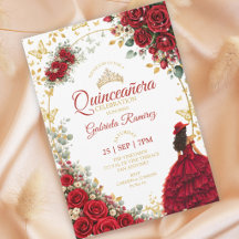 Quinceañera Roja Mariposas Doradas Rosas