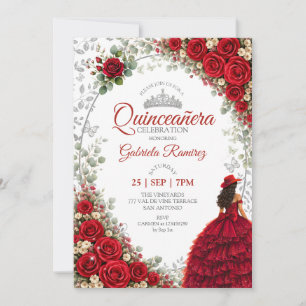 Invitación Quinceañera Roja Mariposas Plateadas Rosas