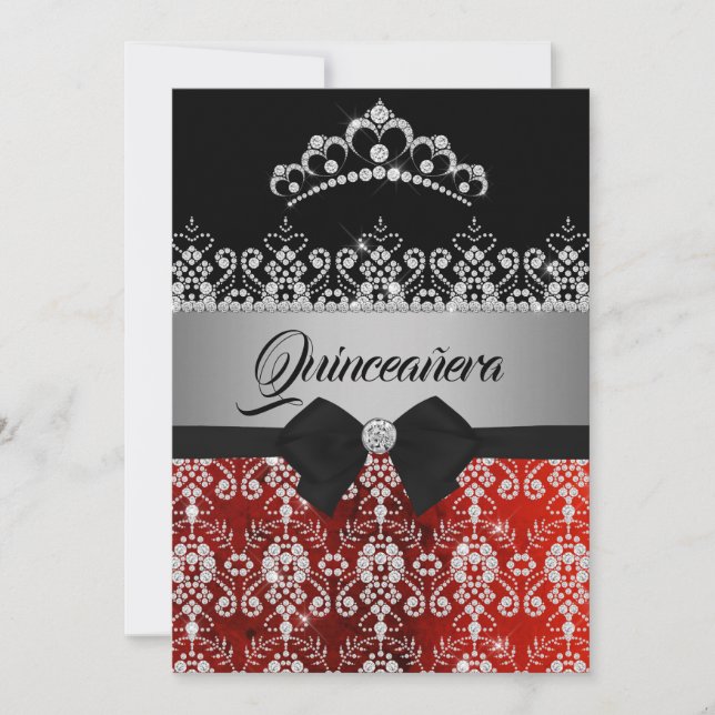 Invitación Quinceañera Roja Plata Brillante Tiara de Diamante (Anverso)