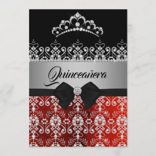 Invitación Quinceañera Roja Plata Brillante Tiara de Diamante