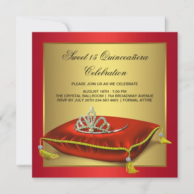 Invitación Quinceanera roja y dorada (Anverso)