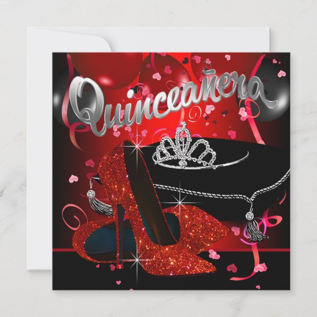 Invitación Quinceanera roja y negra del diamante Tiara (Anverso)
