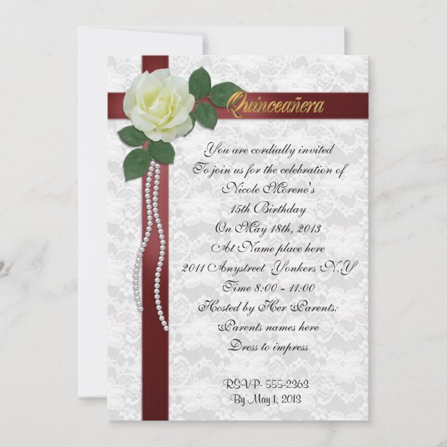 Invitación Quinceanera Rojo blanco y cinta roja (Anverso)