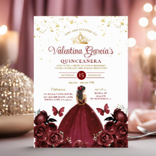 Invitación Quinceañera rojo borgoña 15 flores de oro
