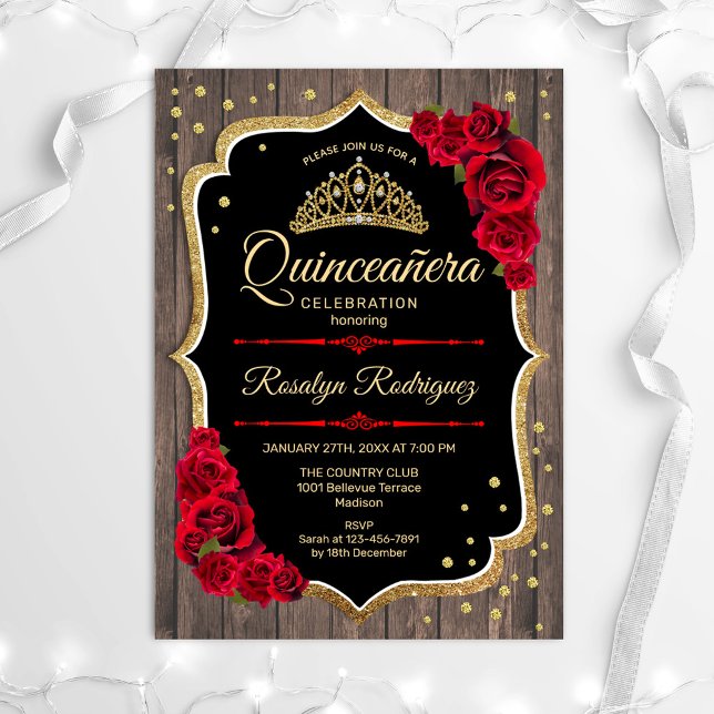 Invitación Quinceanera - Rojo de oro de la madera rusa (Subido por el creador)