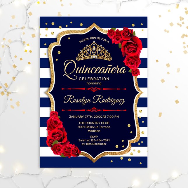 Invitación Quinceanera - Rojo de oro de la Marina (Subido por el creador)