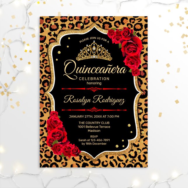 Invitación Quinceanera - Rojo dorado de leopardo (Subido por el creador)