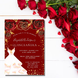 Invitación Quinceanera rojo dorado vestido blanco purpurina e
