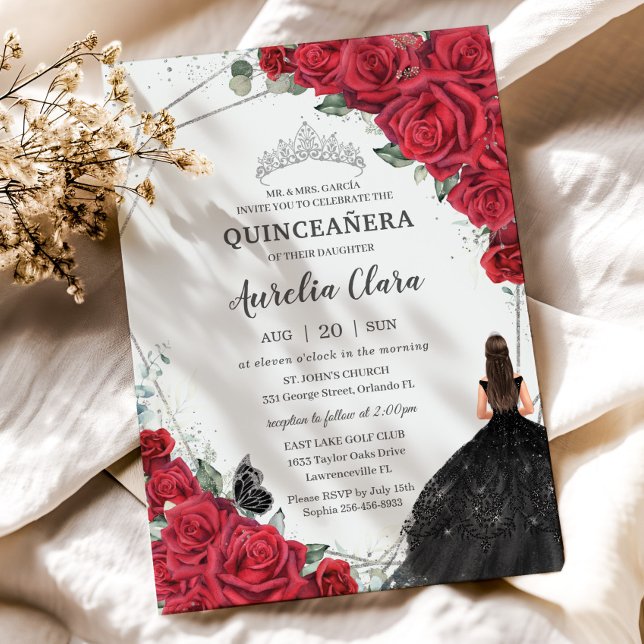 Invitación Quinceañera Rojo Flor Negro Vestido Plata Crown (vibrant red roses floral black dress brunette girl silver geometric princess crown quinceanera card)