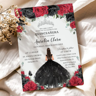 Invitación Quinceañera Rojo Negro Roses Floral Princesa Vesti