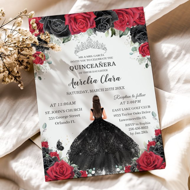 Invitación Quinceañera Rojo Negro Roses Floral Princesa Vesti (red and black roses flowers brunette girl in black dress quinceanera sweet 16 birthday invitations)