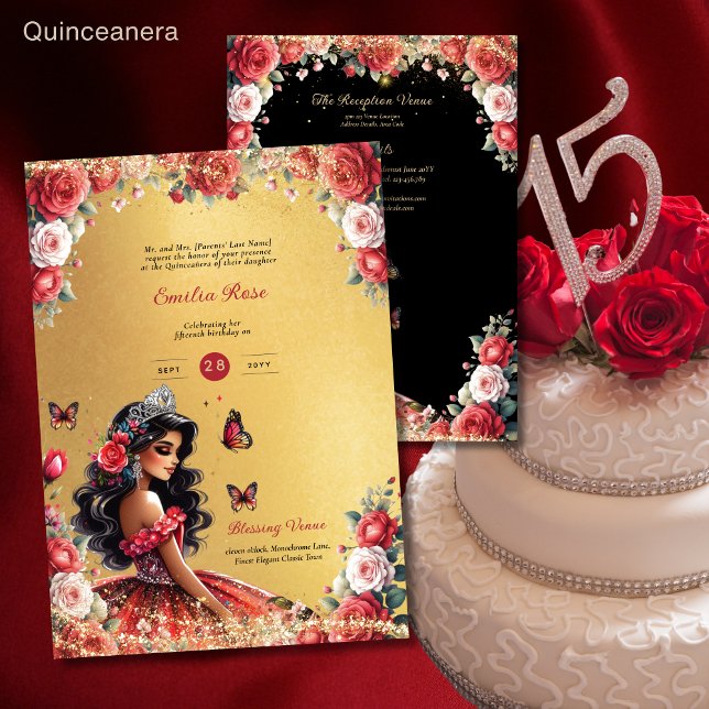 Invitación Quinceanera Rojo Negro Vestido Mariposas Florales (Subido por el creador)