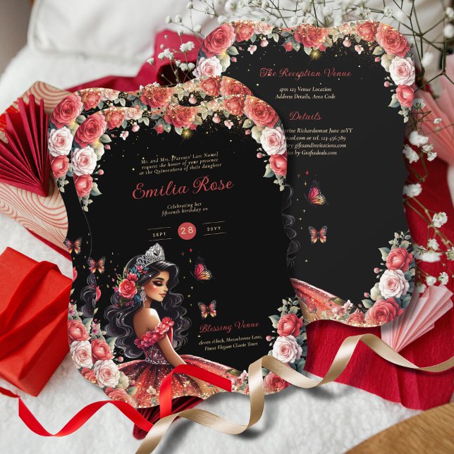 Invitación Quinceanera Rojo Negro Vestido Mariposas Florales (Subido por el creador)