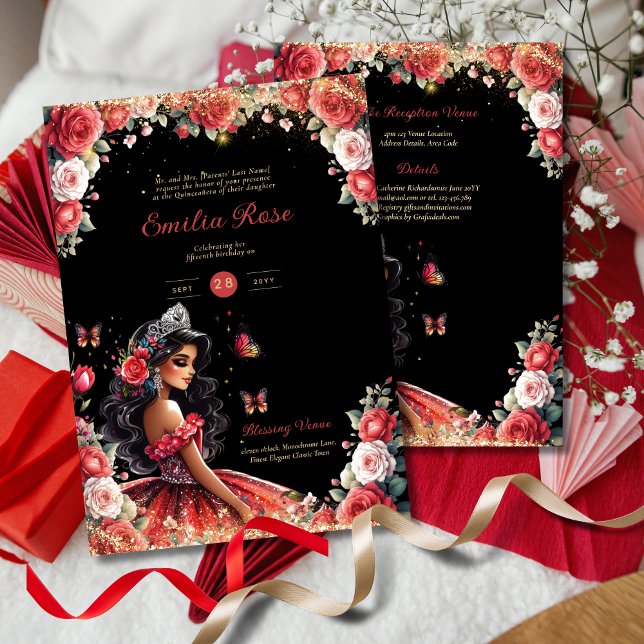 Invitación Quinceanera Rojo Negro Vestido Mariposas Florales (Subido por el creador)