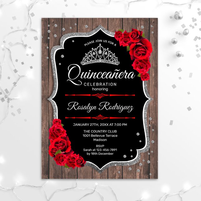 Invitación Quinceanera - Rojo plateado de madera rústica (Subido por el creador)