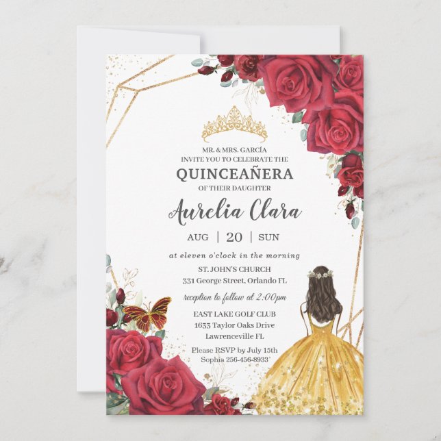 Invitación Quinceañera Rojo Rosa Floral Vestido Amarillo Prin (Anverso)