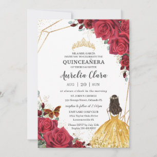 Invitación Quinceañera Rojo Rosa Floral Vestido Amarillo Prin