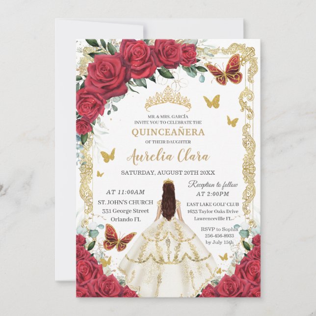 Invitación Quinceañera Rojo Roses Floral Blanco Vestido Princ (Anverso)