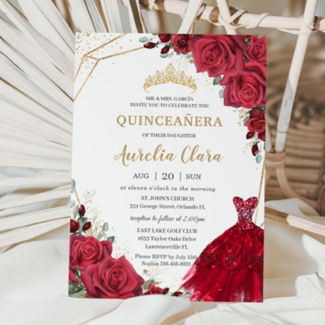 Invitación Quinceañera Rojo Roses Floral Dorado Princesa Vest (Subido por el creador)