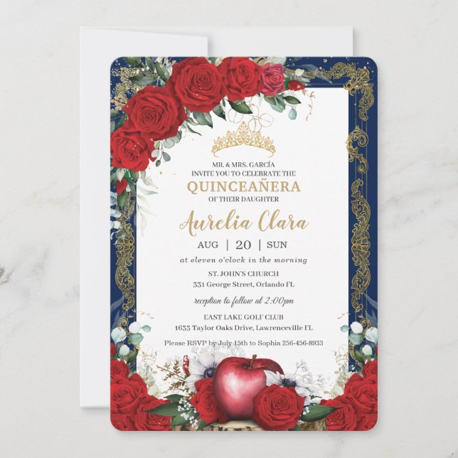 Invitación Quinceañera Rojo Roses Floral Nieve Blanca Oro (Anverso)